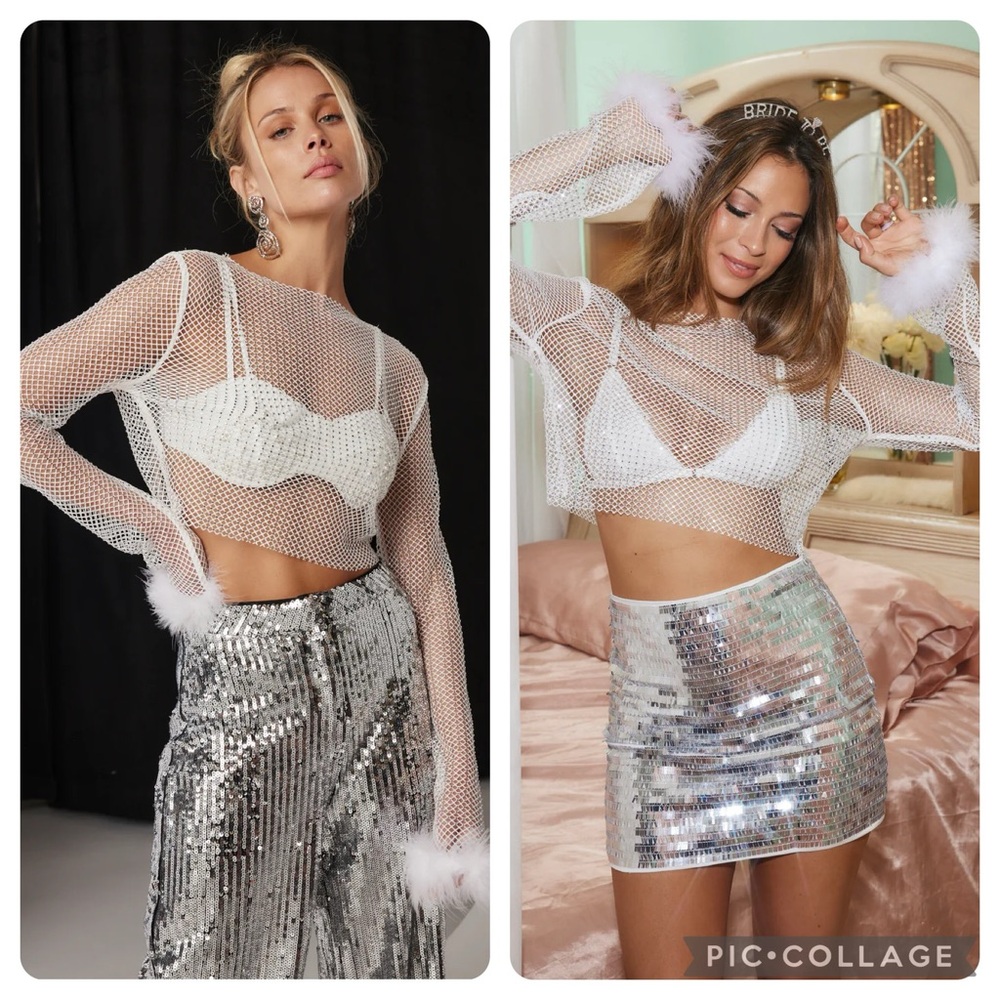 Y2K Style 12th Tribe “Martini” White Rhinestone Mesh Top with Feather Cuffs